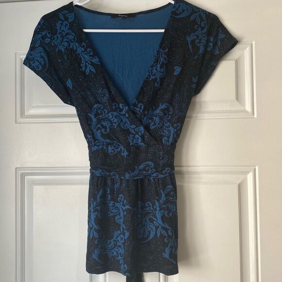 Express Blue and Black Cross Over Front Top Size Small - Picture 1 of 8